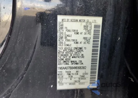 2004 Nissan Titan Xe from USA, damaged, VIN 1N6AA07B84N568382